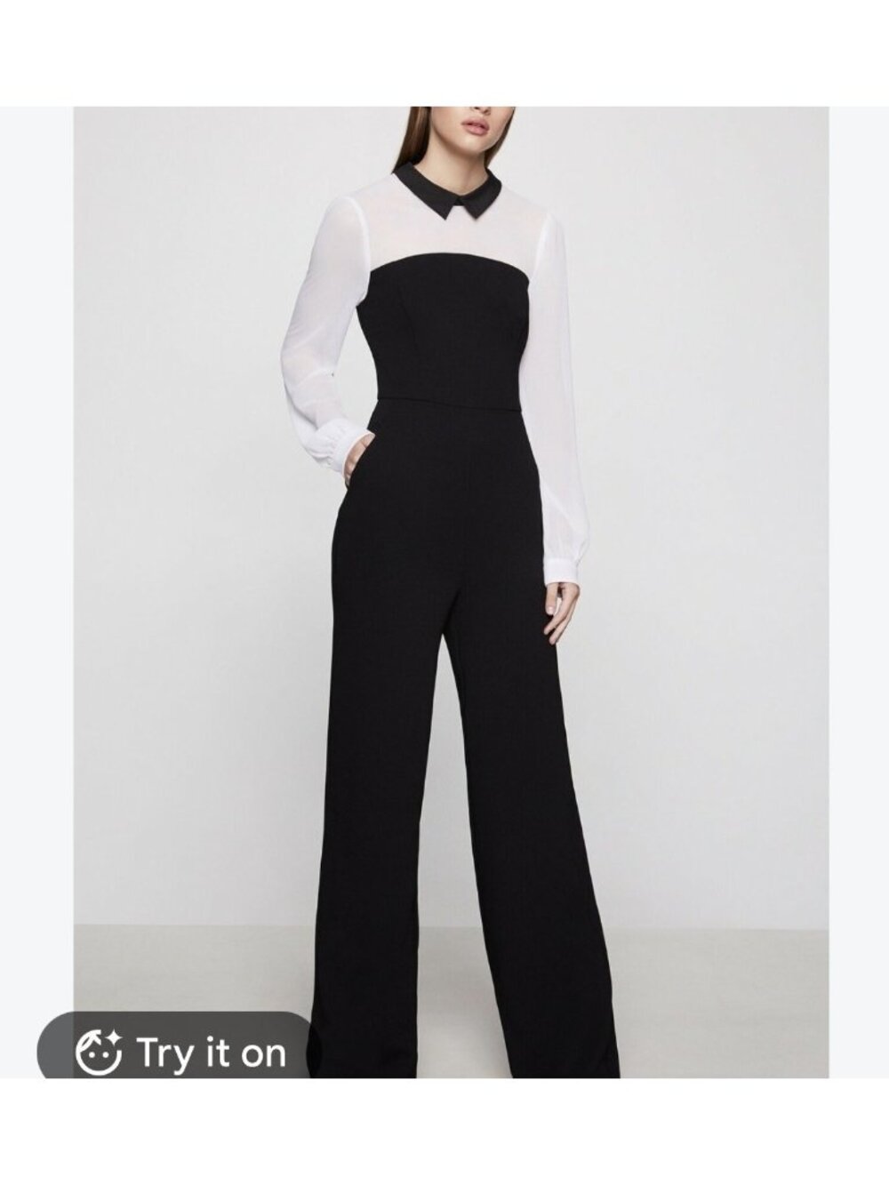 BCBGeneration Black/White Colorblock Collared Long Sleeve Wide Leg Jumpsuit 2
